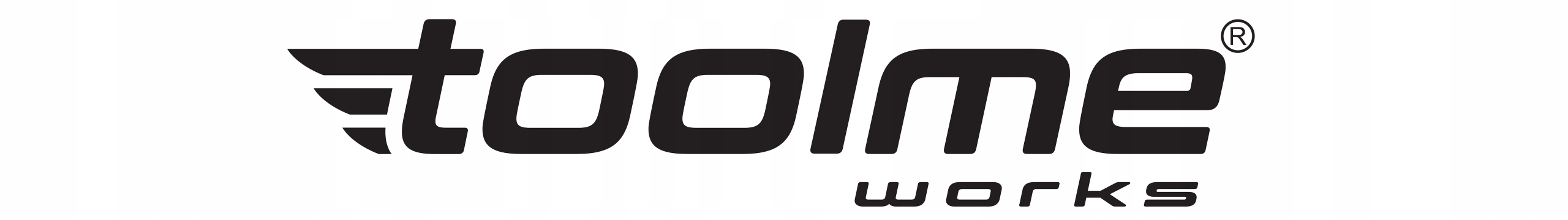 Czarne logo TOOLME WORKS na białym tle.